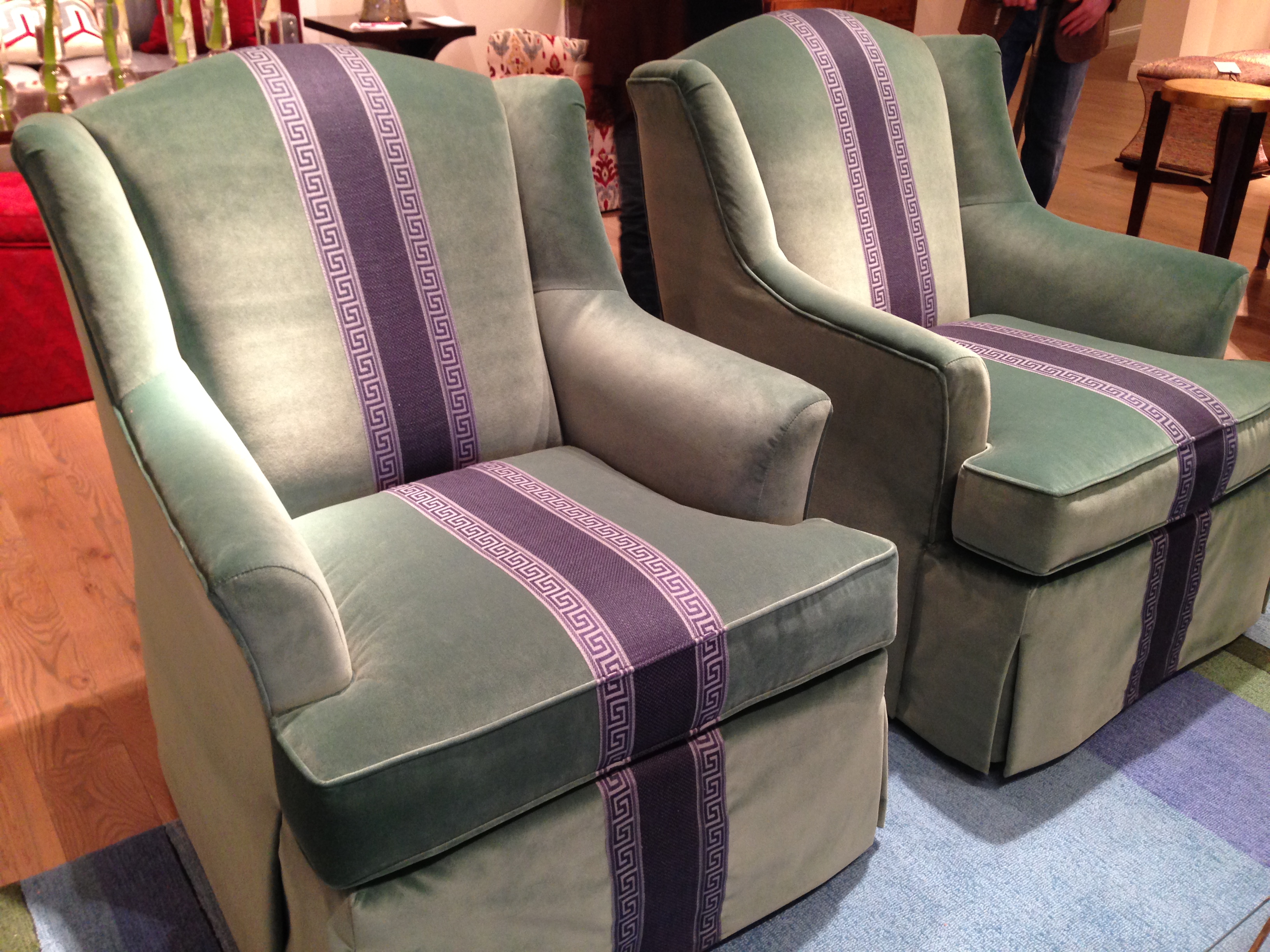 Velvet Chairs with Purple Greek Key Trim @ Wesley Hall | #hpmkt Spring 2014 | via Interiors For Families