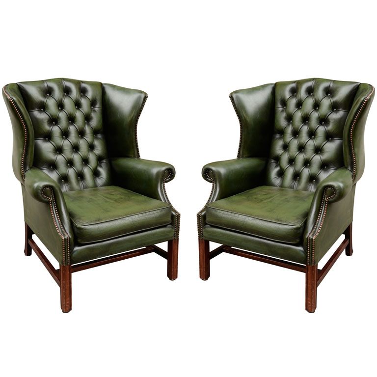 Green Tufted Leather Wing Chairs - via 1st Dibs